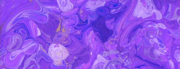 Modern Acrylic Pour Banner. Paint Swirls in Beautiful Purple and Blue colors, with Gold Glitter.