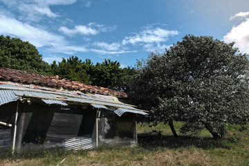 Rear face poor Colombian farm deteriorated in sunny day near the countryside without people