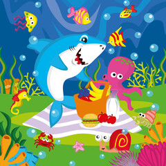 illustration of a shark on a picnic with friends, suitable for children's story books, posters, websites, mobile applications, games, t-shirts and more