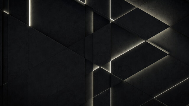 Fototapeta Dark, Concrete wall background, with integrated White light strips. Geometric Tech Wallpaper with Illuminated, Futuristic, 3D Blocks. 3D render
