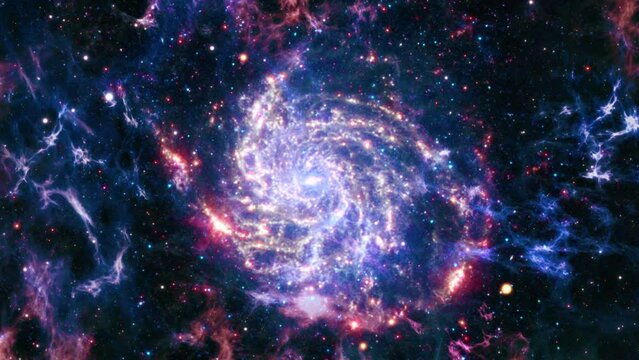 Galaxy space nebula travel  flight exploration into a star field in Messier 101 . 4K 3D Fly through space galaxy in universe singularity big bang space. Abstract Sci-fi Video with Space, Galaxies, Neb