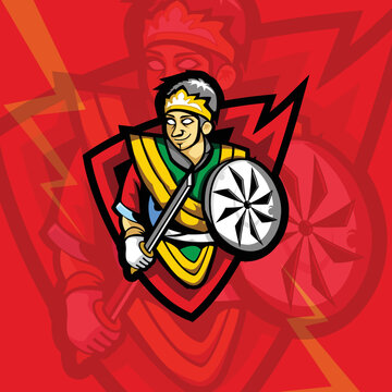illustration of a person with a sword and shield red background