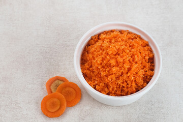 Organic carrots pulp juice, squeezed from a slow juicer, can be used as a face mask, or processed into food or beverage ingredients, zero waste.
