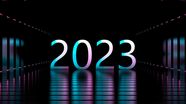 Concept 2023 year. Calendar year abstract 2023 banner. Pink-blue neon glowing in a dark room with reflections from the floors. 3D render.