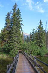 Fototapeta na wymiar wooden bridge to the island, Jasper National Park, Alberta