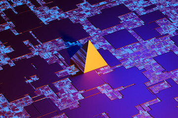 High tech abstract rendering - Pyramid over motherboard background. 3d Rendering of Wallpaper