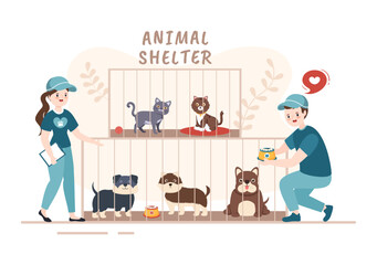 Animal Shelter Cartoon Illustration with Pets Sitting in Cages and Volunteers Feeding Animals for Adopting in Flat Hand Drawn Style Design