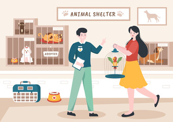Animal Shelter Cartoon Illustration with Pets Sitting in Cages and Volunteers Feeding Animals for Adopting in Flat Hand Drawn Style Design