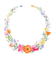Vector floral wreath illustration. Set of leaves, wildflowers, twigs, floral arrangements. Beautiful compositions of field grass and bright spring flowers.