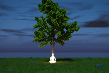 Night Meditation, man in yoga lotus position meditate near lone tree on sea shore at night. Mindfulness and self awareness practice. Glowing soul. Beautiful scenery landscape. 3D rendering