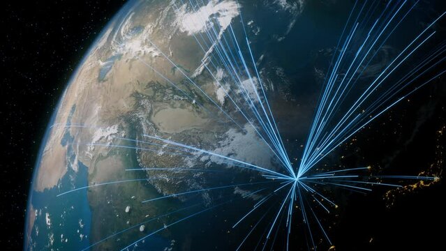 Earth in Space. Blue Lines connect Zhengzhou, China with Cities across the World. Worldwide Travel or Networking Concept.