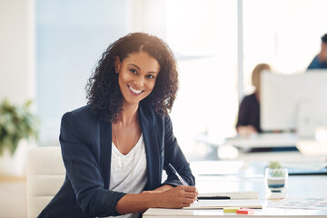 Confident and smiling portrait of a businesswoman, marketing executive or corporate worker working,...