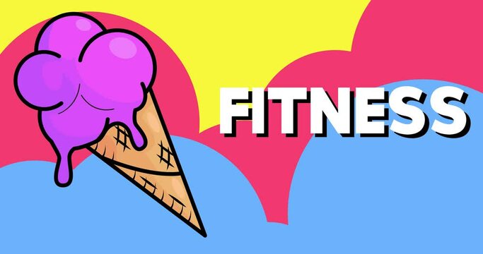 Ice Cream with Fitness text. Colorful animated dancing summer sweet food cartoon. 4k resolution animation, moving image.