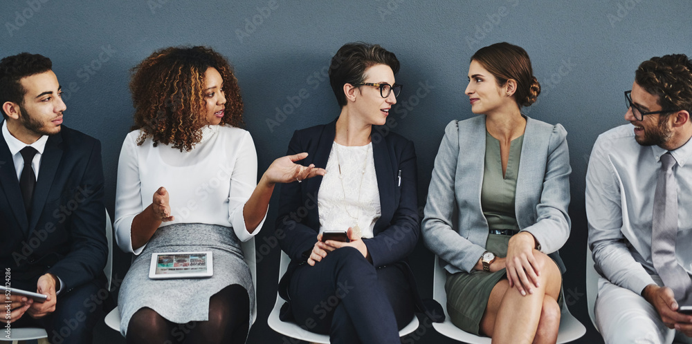Poster corporate business people and team talking while waiting in line for an interview, meeting or semina