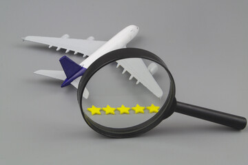 Check rating and feedback of airlines company concept. Airplane model with five stars and...