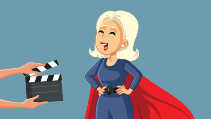 Female Superhero in Lead Role Motion Picture Concept Vector Illustration. People filming a comic book inspired blockbuster movie 
