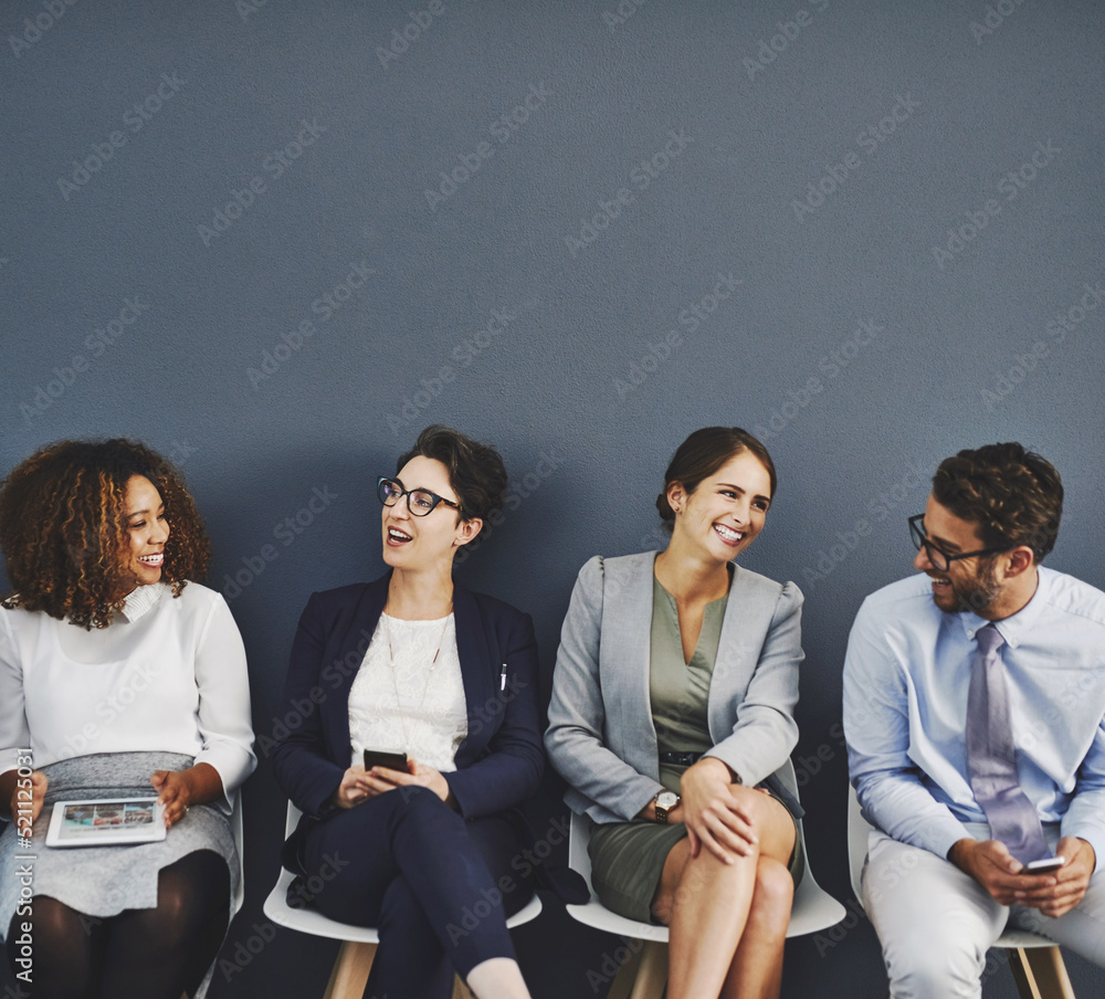 Poster waiting for an interview, connected, communication and network of diverse businesspeople using multi