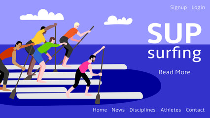 Web banner for sap surfing competitions. Male athletes on their way to the finish line. Vector flat illustration.
