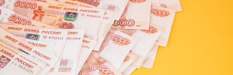 Russian money Banknotes of Russian rubles. Cash, currrency, banknotes bank Russia. Wealth financial safety concept. Top view. Selective focus.