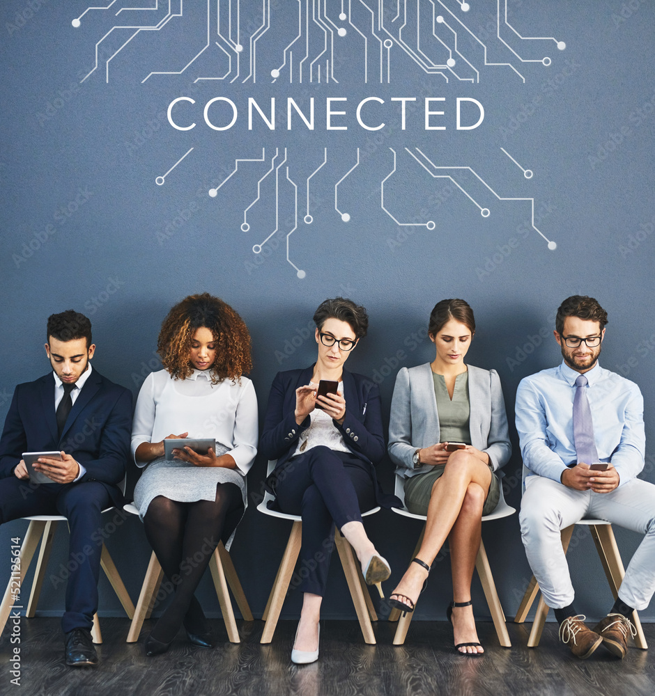 Poster connected, communication and network of diverse business people using multimedia technology, waiting