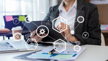 Business report, analysis and planning, Business hand pointing at business document and a tablet, smartphone and laptop displaying financial data with virtual icon