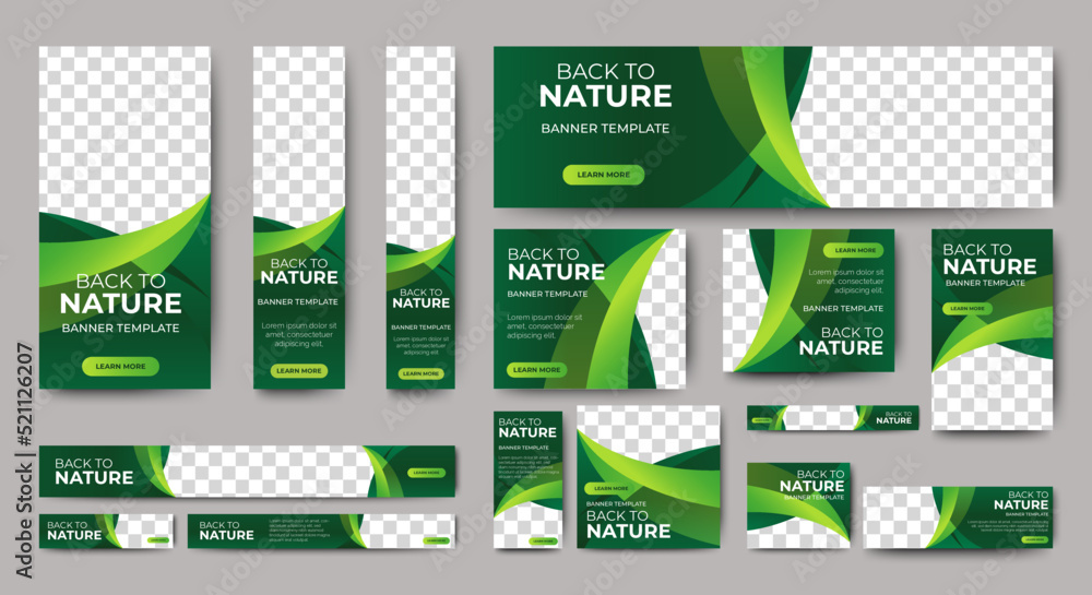Aufkleber nature banner design web template set, horizontal header web banner. modern gradient green cover hea