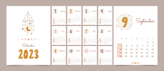 Childish calendar 2023 with hand drawn numbers. Week starting on sunday. Ready to print. Cute doodle elements in boho style. Flat cartoon wall picture design.