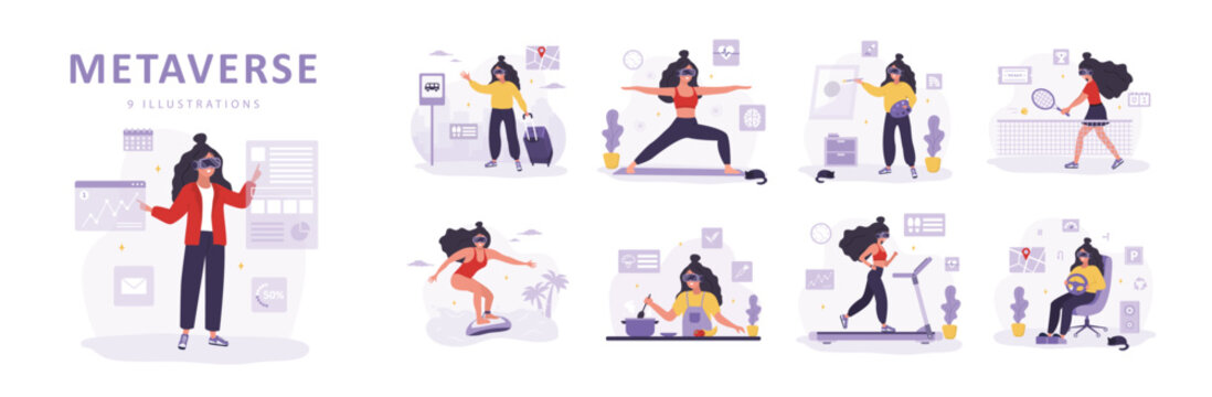 Metaverse concept. Women in VR headsets working, doing sport and painting. Video game simulator. Modern technological entertainment. Set of vector illustrations in flat style.
