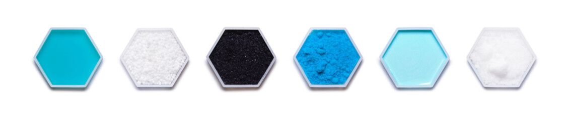 Chemical ingredient in hexagonal molecular shaped container. Shampoo Liquid, Urea,  Potassium...
