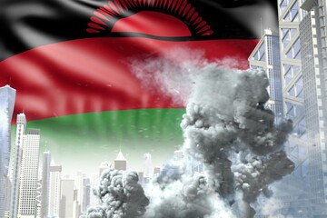 big smoke column in the modern city - concept of industrial blast or terrorist act on Malawi flag background, industrial 3D illustration