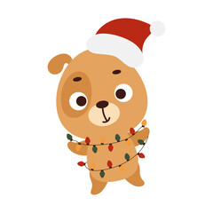 Cute Christmas dog with garland on white background. Cartoon animal character for kids cards, baby shower, invitation, poster, t-shirt composition, house interior. Vector stock illustration.