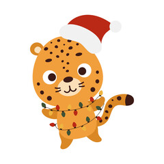 Cute Christmas jaguar with garland on white background. Cartoon animal character for kids cards, baby shower, invitation, poster, t-shirt composition, house interior. Vector stock illustration. © Jexy