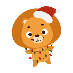 Cute Christmas lion with garland on white background. Cartoon animal character for kids cards, baby shower, invitation, poster, t-shirt composition, house interior. Vector stock illustration.