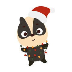 Cute Christmas badger with garland on white background. Cartoon animal character for kids cards, baby shower, invitation, poster, t-shirt composition, house interior. Vector stock illustration.