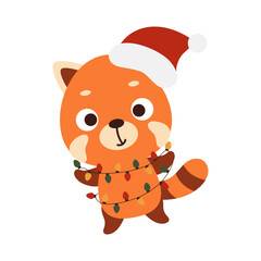 Cute Christmas red panda with garland on white background. Cartoon animal character for kids cards, baby shower, invitation, poster, t-shirt composition, house interior. Vector stock illustration