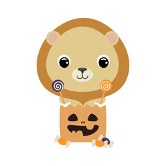 Fototapeta premium Cute Halloween lion sitting in a trick or treat bag with candies. Cartoon animal character for kids t-shirts, nursery decoration, baby shower, greeting card, invitation. Vector stock illustration