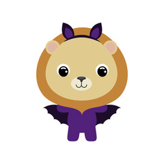 Cute little Halloween lion in a bat costume. Cartoon animal character for kids t-shirts, nursery decoration, baby shower, greeting card, invitation, house interior. Vector stock illustration