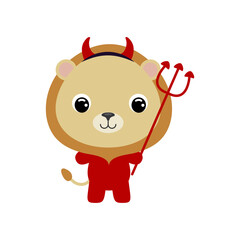 Cute little Halloween lion in a devil costume. Cartoon animal character for kids t-shirts, nursery decoration, baby shower, greeting card, invitation, house interior. Vector stock illustration