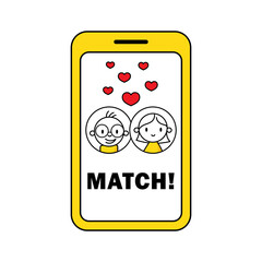 Couple match in online application on smartphone. Online dating concept. Virtual pair building. Vector stock illustration.
