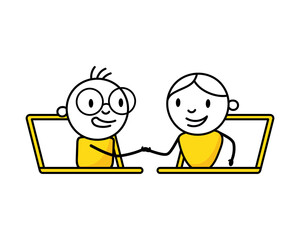 Men shaking hands through laptop screen. Handshake of business partners. Vector stock illustration