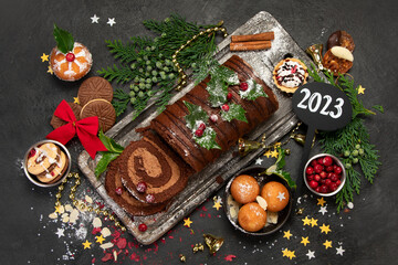 Chocolate yule log on dark background.