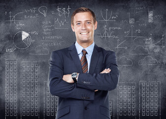 Business man working in finance and standing with arms crossed looking proud, happy and smiling in front of a chalkboard with cgi data. Portrait of a cheerful, joyful and expert accountant advisor
