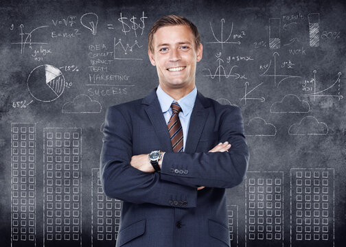 Business man working in finance and standing with arms crossed looking proud, happy and smiling in front of a chalkboard with cgi data. Portrait of a cheerful, joyful and expert accountant advisor