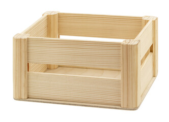 Wooden box for storing and transporting products on a white isolated background