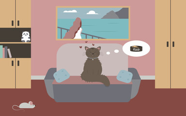 the cat is sitting on the couch in a cozy room