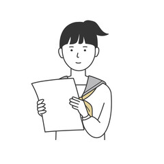 プリントを確認する女子学生のイラスト