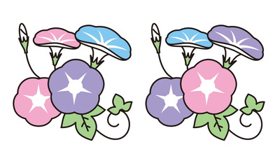 朝顔の花と蕾と葉のイラスト素材。