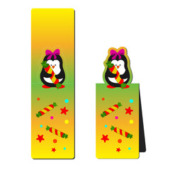 Bookmark for a book with a cheerful penguin and sweets. Folded postcard with cut out element