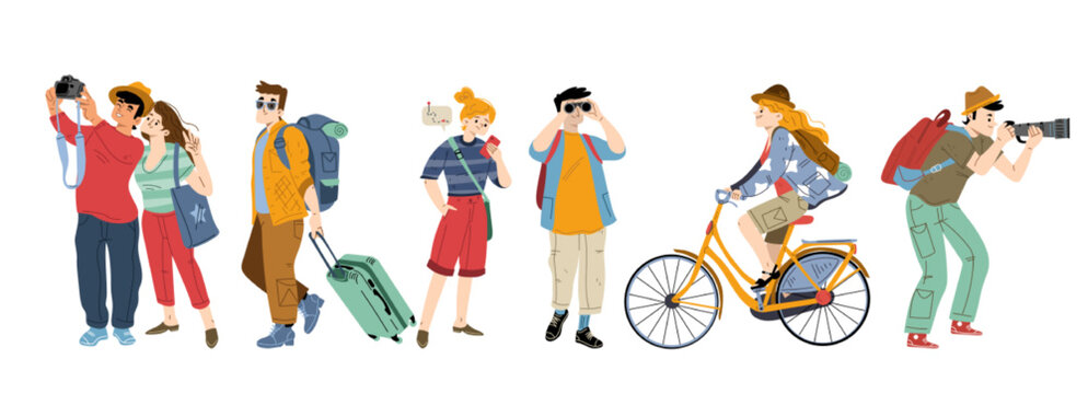 People tourists with suitcases and backpacks. Concept of travel, vacation journey, tourism. Vector flat illustration of travelers, man with camera, couple take photo, girl on bike, guy with binoculars