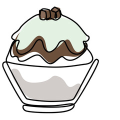 ice shaved bingsu korean japanese style sweet dessert in minimal one continuous line simple design style with color